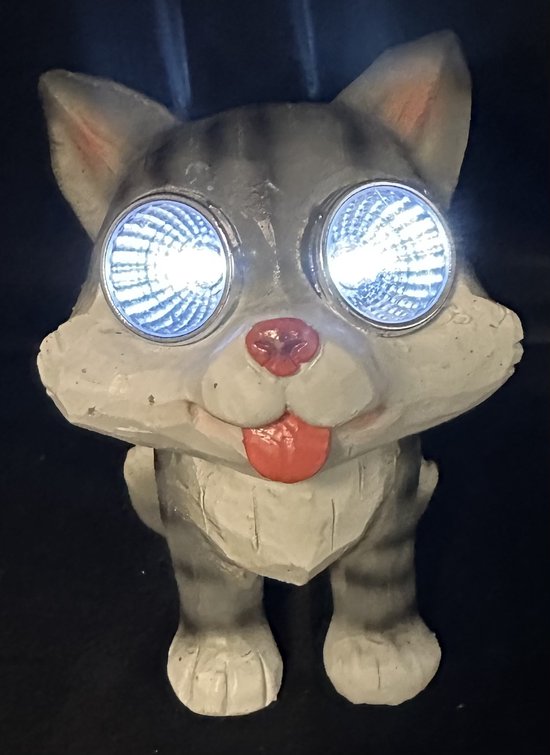 Polyresin solarlamp " kat met LED ogen" - meerkleurig - met 2 LEDs - Staand model - hoogte 13 x 12 x 10 cm - staand model - Tuindecoratie - Tuinverlichting