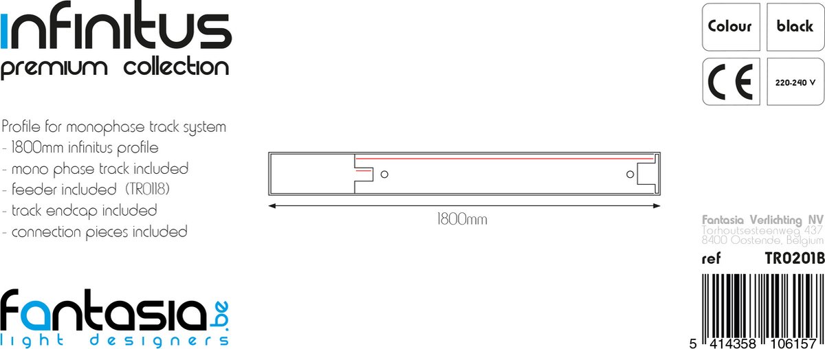 Infinitus railprofiel voor railspots, zwart, 1800 mm lang, 40 x 70 mm profiel, 220V monofasig, dimbaar