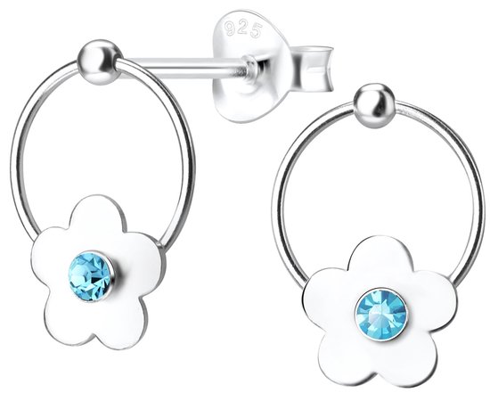 Joy|S - Zilveren bloem oorbellen - cirkel - kristal blauw