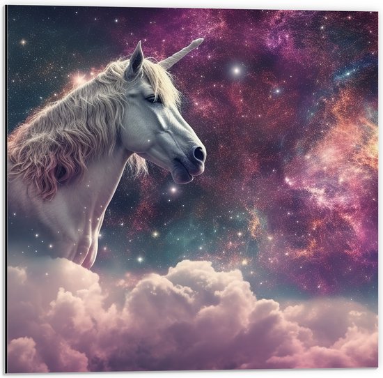 Dibond - Eenhoorn - Unicorn - Wolken - Kleuren - Sterren - 50x50 cm Foto op Aluminium (Wanddecoratie van metaal)