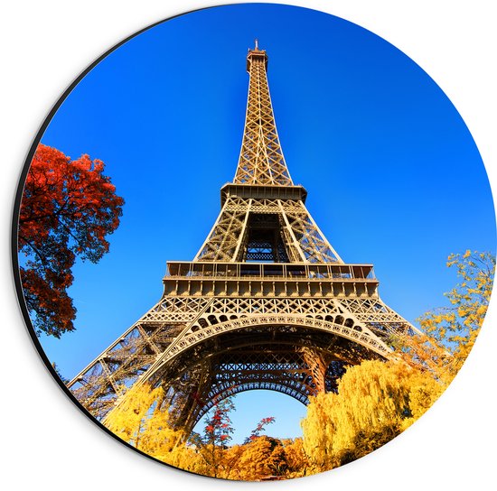 Dibond Muurcirkel - Eiffeltoren - Bomen - Parijs - Onderaanzicht - 20x20 cm Foto op Aluminium Muurcirkel (met ophangsysteem)