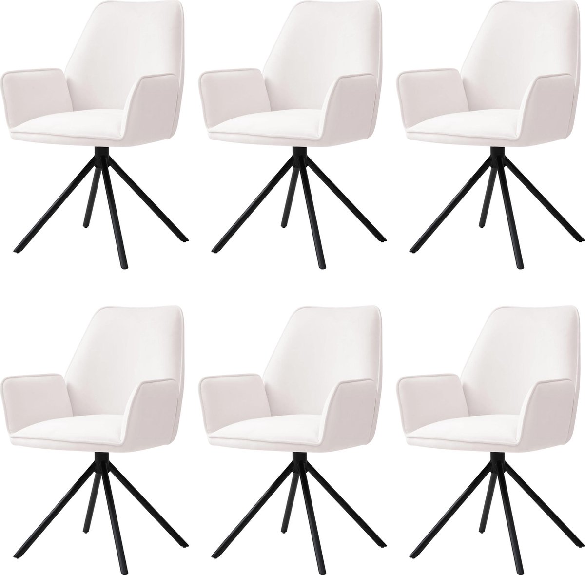 Cosmo Casa 6-Delige set eetkamerstoelen - Keukenstoel met armleuningen- Draaibare auto-Positie- Fluweel - Crème-beige- Poten zwart.