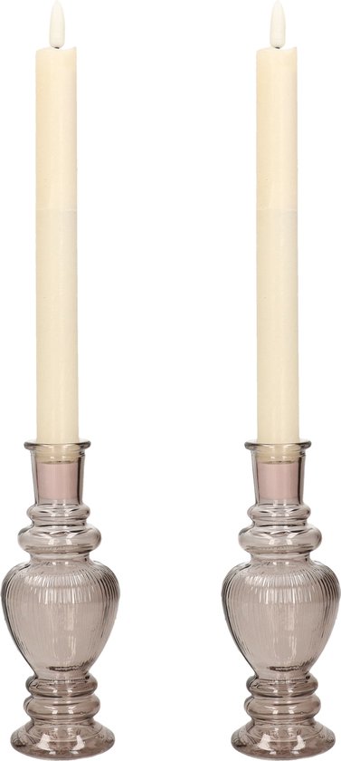 Kaarsen kandelaar Venice - 2x - gekleurd glas - ribbel grijs smoke - D5,7 x H15 cm