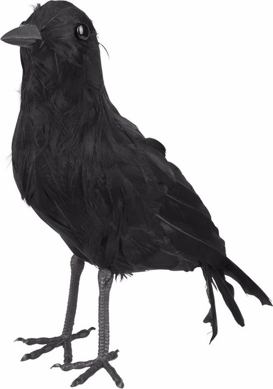 Zwarte decoratie kraai of raaf - 23 cm - Halloween horror thema versiering dieren - vogelverschrikker