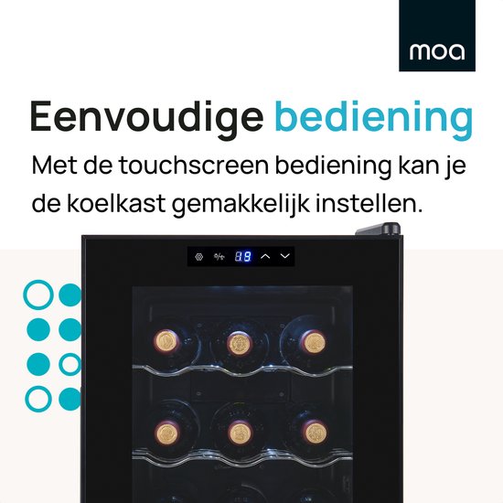 Close-up van de zwarte MOA wijnkoelkast met touchscreen bediening en 88 op display.