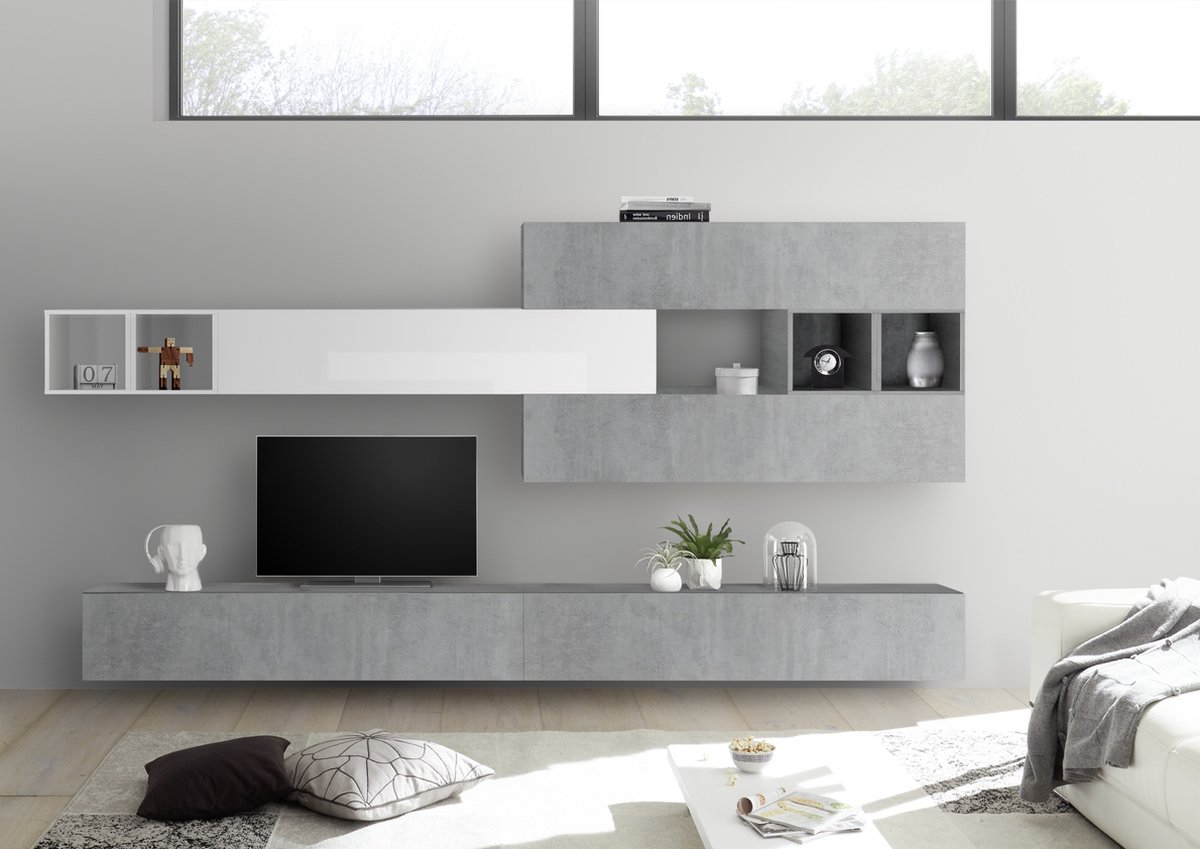 TV-wandmeubel Davos in hoogglans wit met grijs beton