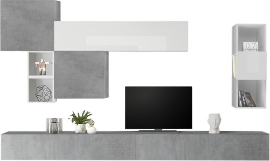TV-wandmeubel Pedro in hoogglans wit met grijs beton
