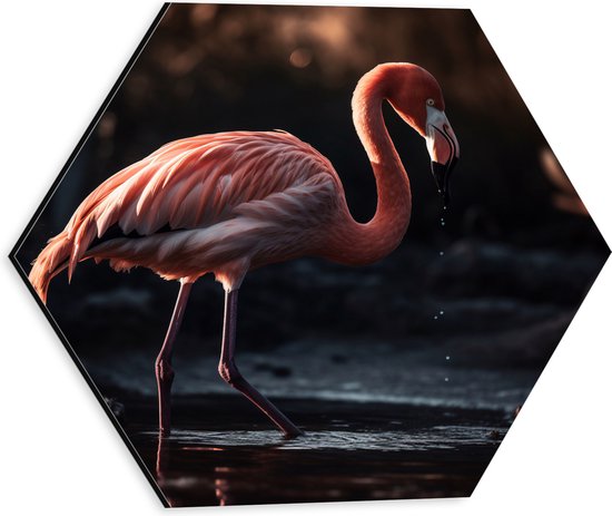 Dibond Hexagon - Flamingo - Water - Kleuren - 30x26.1 cm Foto op Hexagon (Met Ophangsysteem)