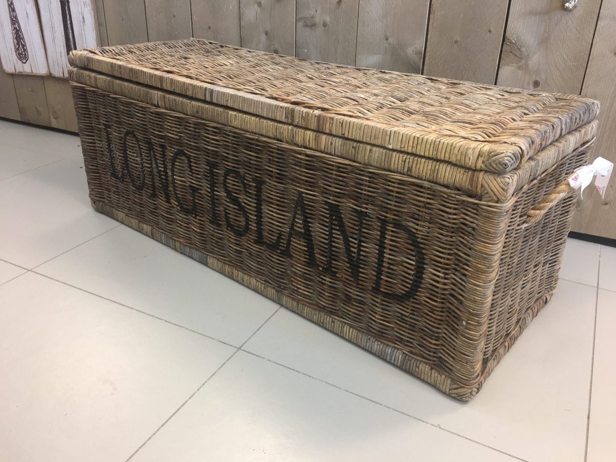 Rieten Opbergmand XXL Long Island - 120x45x45 cm - Met Deksel & Opdruk - Srimit Grey Riet - Decoshoppen.nl - Opbergmand