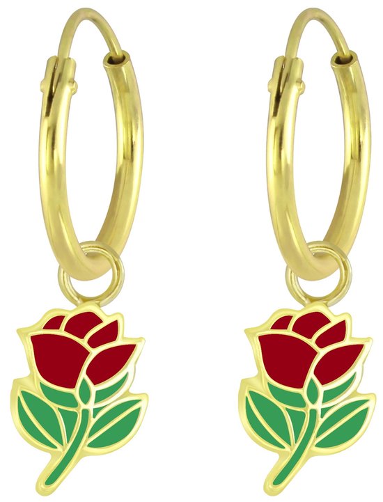 Joy|S - Zilveren bloem bedel oorbellen - rood roosje oorringen - 14k goudplating