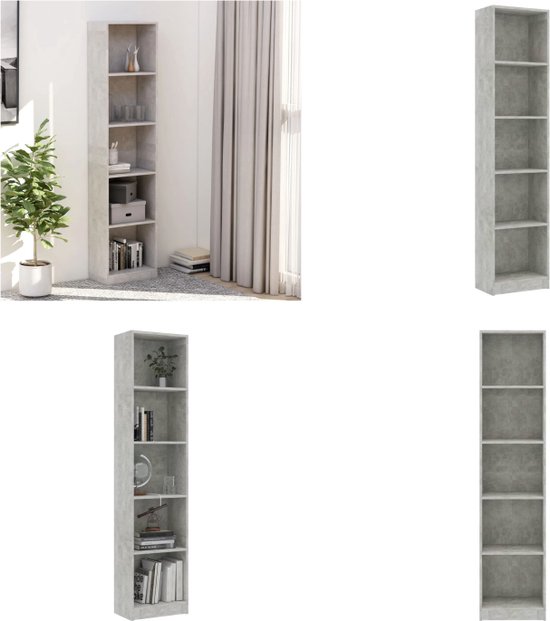 vidaXL Boekenkast met 5 schappen 40x24x175 cm bewerkt hout betongrijs - Boekenkast - Boekenkasten - Boekenschap - Boekenschappen