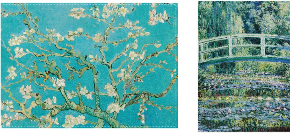 Set van 2 theedoeken - kunst collectie - Van Gogh Amandelbloesem & Monet Japanse brug - 100 % katoen 50 x 70 cm by supervintage