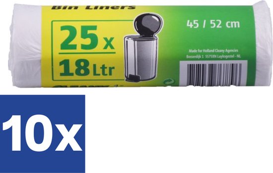 Wit bin liners, 25 stuks per rol, 18 liter, 45/52 cm. 10 rollen verpakt.