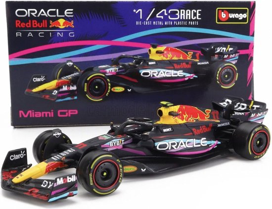 Red Bull Racing F1 auto, zwart met rode, gele en blauwe accenten. Miami GP logo.