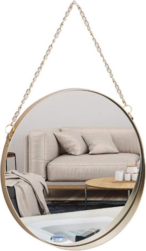 Hangende spiegel, ronde badkamerspiegel van 25x25 cm, messing frame met ophangketting, eenvoudige stijl, klein formaat