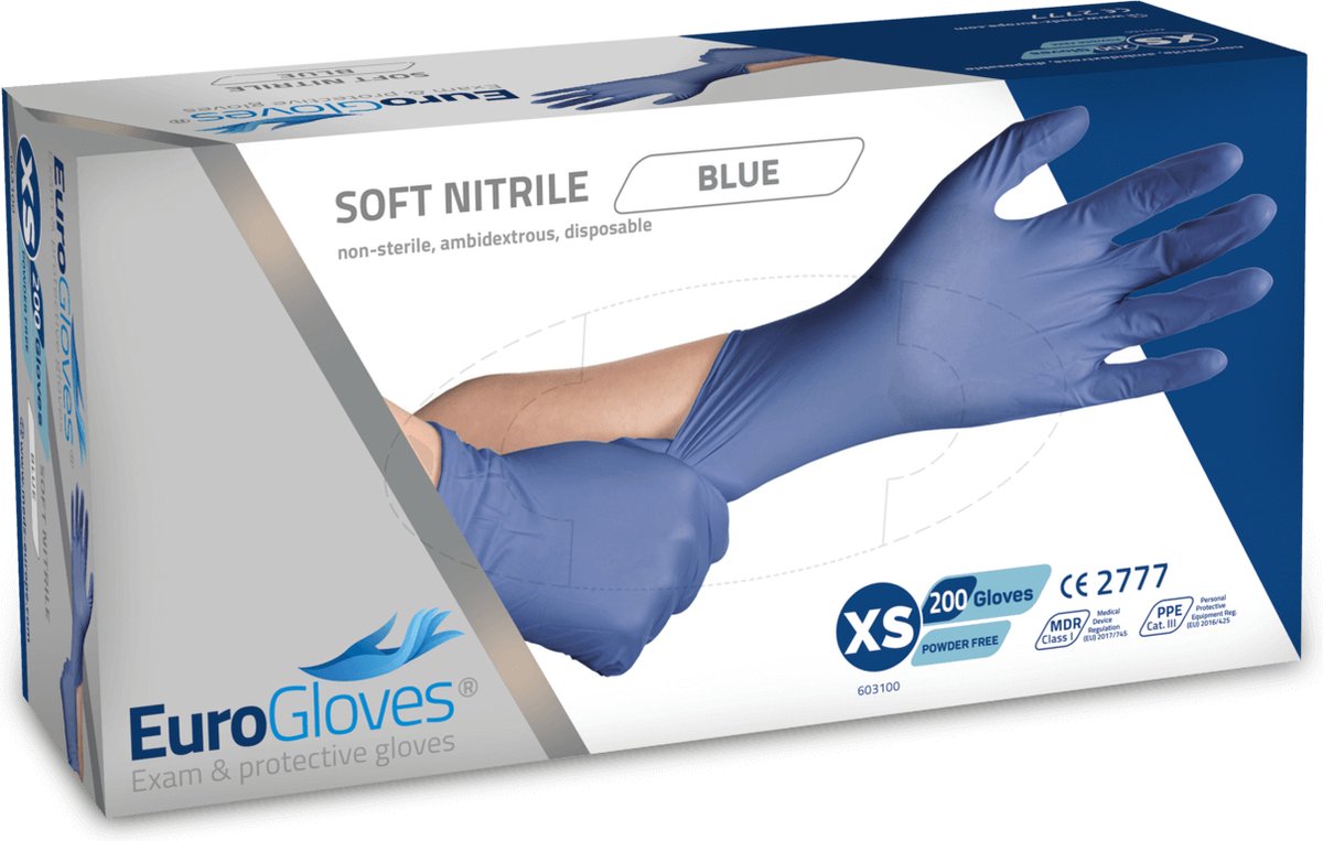 Goedkoopste Voordeelverpakking handschoenen 5 x Eurogloves soft-nitrile poedervrij blauw - XS 200 stuks