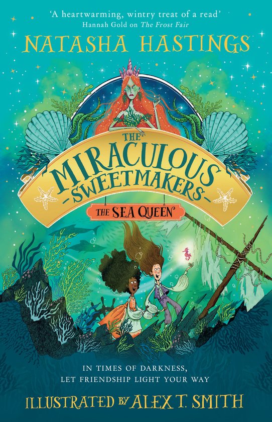 Boekcover van 'The Miraculous Sweetmakers - The Sea Queen' met twee meisjes onder water, omringd door zeewier en een zeemeermin.
