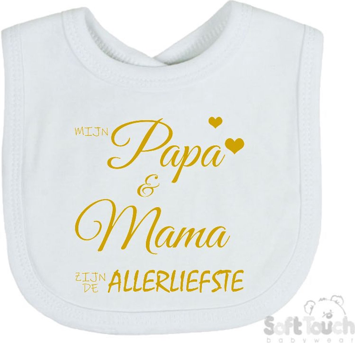 Goedkoopste Soft Touch Slabber Slabbetje Slab Mijn papa & mama zijn de allerliefste Unisex Katoen Wit/goud shiny Maat 33x22 Cm