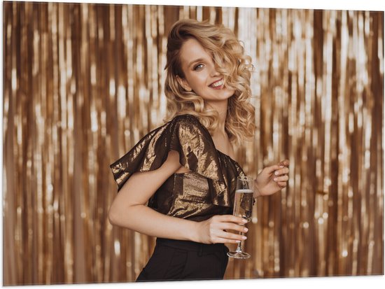 Vlag - Vrouw - Model - Krullen - Fotoshoot -Drinken - Champagne - Goud - 100x75 cm Foto op Polyester Vlag