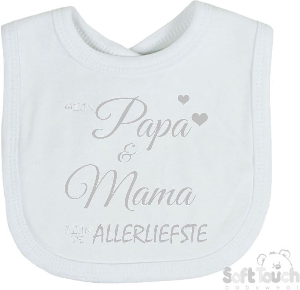 Goedkoopste Soft Touch Slabber Slabbetje Slab Mijn papa & mama zijn de allerliefste Unisex Katoen Wit/zilver shiny Maat 33x22 Cm