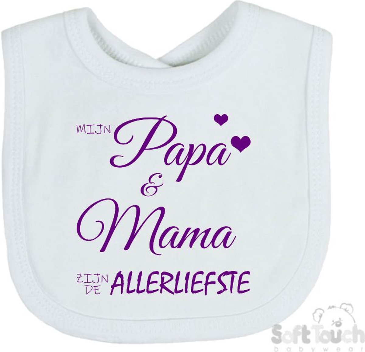 Goedkoopste Soft Touch Slabber Slabbetje Slab Mijn papa & mama zijn de allerliefste Unisex Katoen Wit/paars Maat 33x22 Cm