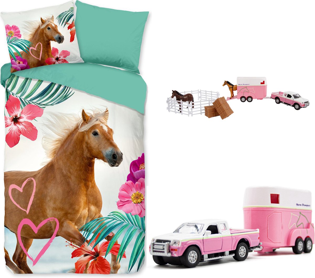 Dekbedovertrek Paard- bruin paard- 140x200/220- 100% polyester- incl. roze paarden speelset !