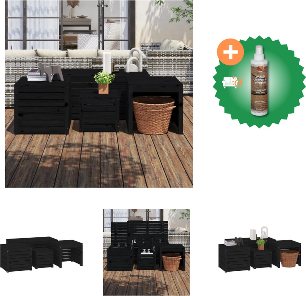 VidaXL Tuinboxset Grenenhout Zwart 3 maten Inclusief opbergtafel Opberger Inclusief Houtreiniger en verfrisser