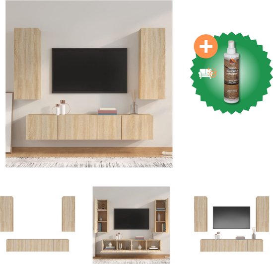 vidaXL 4-delige Tv-meubelset bewerkt hout sonoma eikenkleurig - Kast - Inclusief Houtreiniger en verfrisser