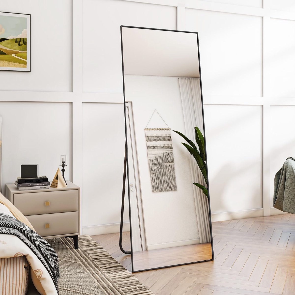 IGTOPS Staande spiegel, 160 x 50 cm, moderne full-body spiegel met metalen frame, grote wandspiegel met standaard en haken, vloerspiegel voor slaapkamer, woonkamer (zwart, 160 x 50 cm