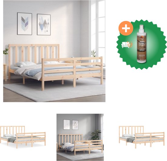 vidaXL Bedframe met hoofdbord massief hout 160x200 cm - Bed - Inclusief Houtreiniger en verfrisser