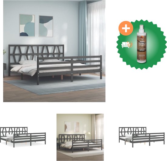 vidaXL Bed Massief Grenenhout - Grijs - 205.5 x 205.5 x 100 cm - Multiplex Lattenbodem - Bed - Inclusief Houtreiniger en verfrisser