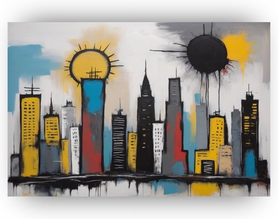 Basquiat skyline schilderij schilderij - Basquiat stijl glasschilderij - Glas schilderij street art - Wanddecoratie klassiek - Schilderijen plexiglas - Schilderijen - 90 x 60 cm 5mm