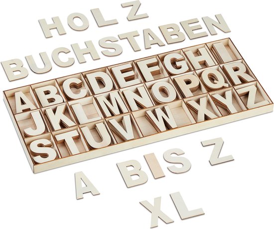 Relaxdays houten letters - 208-delige set - alfabet - 5 cm - knutselen - met doos