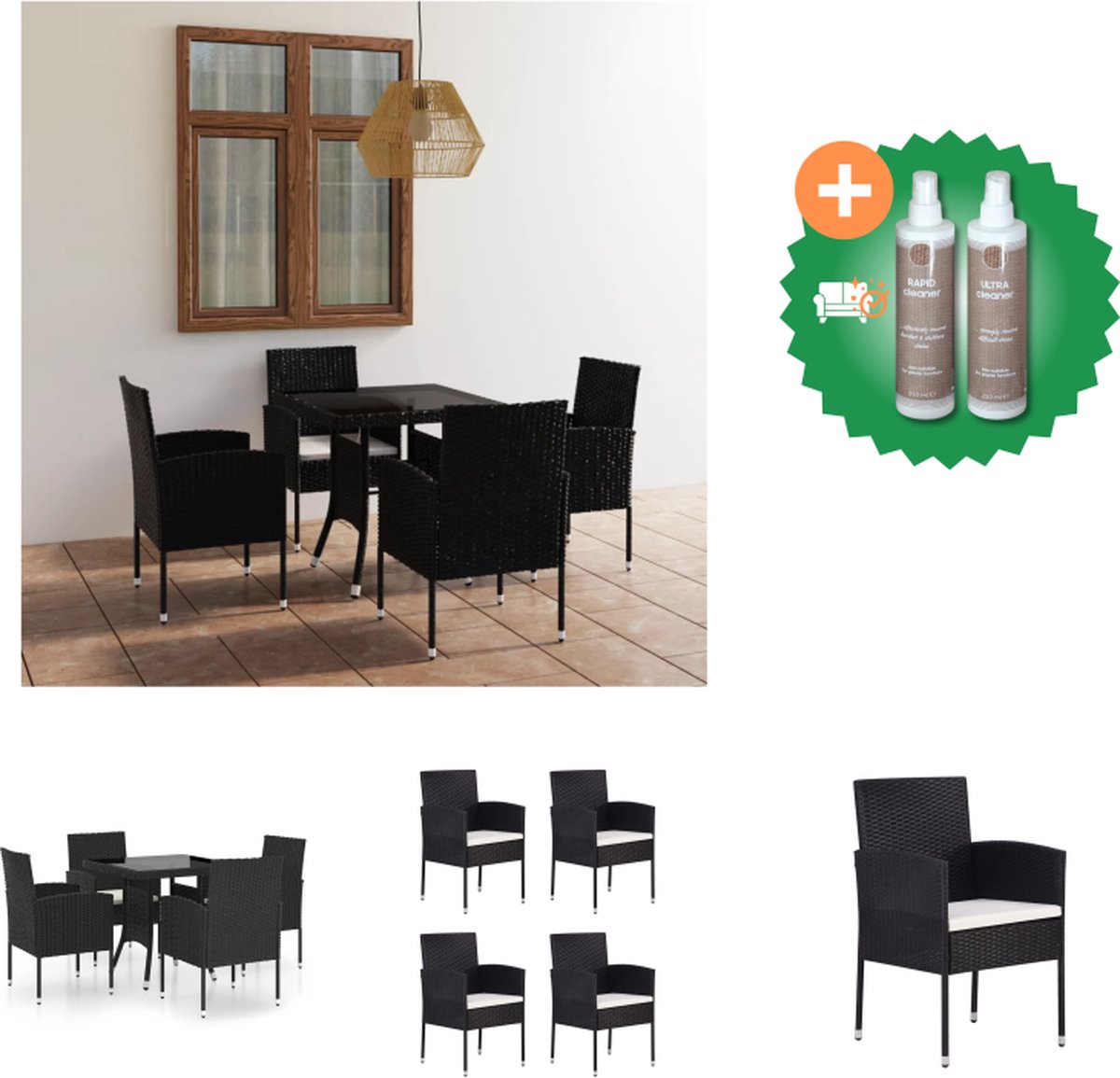 VidaXL Poly Rattan Tuinset 80 x 80 x 74 cm Zwart Eenvoudig te reinigen 4 x Stoel 4 x Zitkussen Tuinset Inclusief Onderhoudsset