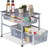 Relaxdays keuken organizer - 2 schuifmanden - stapelbaar - metalen gootsteenkast organizer - zilver