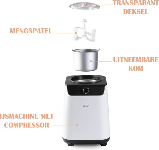 PRIMO PR401IM IJsmachine - IJsmaker - Zelf Vriezend - Met Compressor - 1,2L - Wit/Zwart