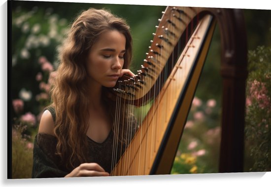 Canvas - Vrouw - Muziek - Harp - Instrument - Bloemen - 120x80 cm Foto op Canvas Schilderij (Wanddecoratie op Canvas)