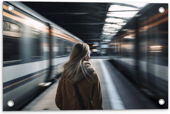 Tuinposter – Vrouw - Treinen - Station - 60x40 cm Foto op Tuinposter (wanddecoratie voor buiten en binnen)