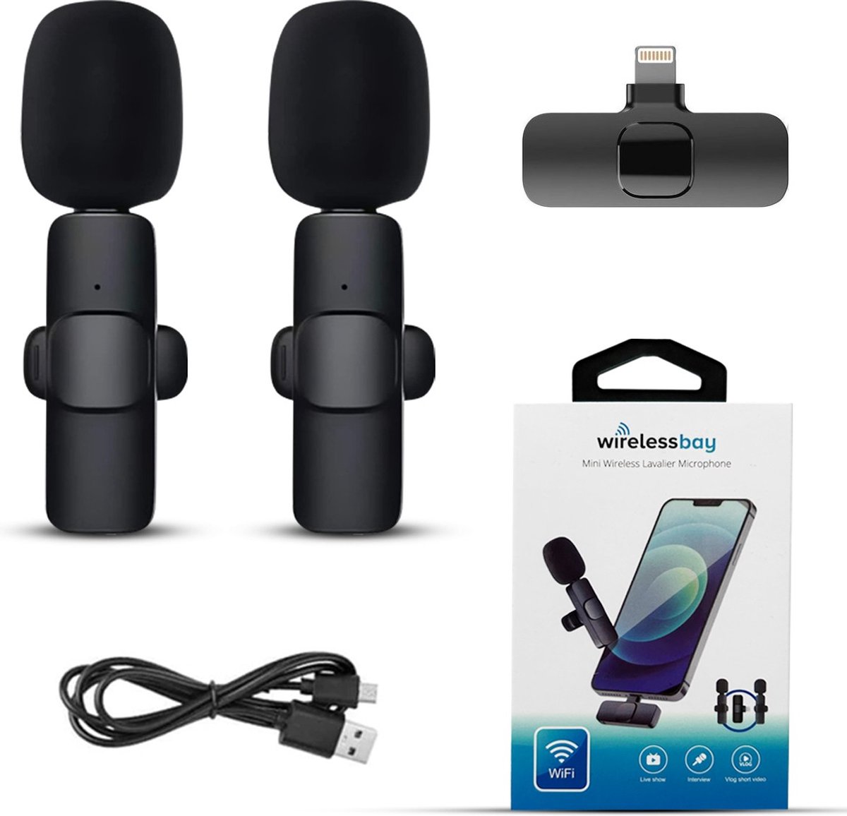 Wireless Bay 2x Draadloze Microfoon - Geschikt voor iPhone - Plug en Play - 2 stuks - Dasspeld - Lightning