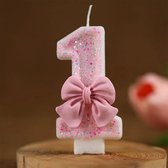 DW4Trading Verjaardagskaars 1 Roze met Strikje - Cijfer-kaars - Taartversiering