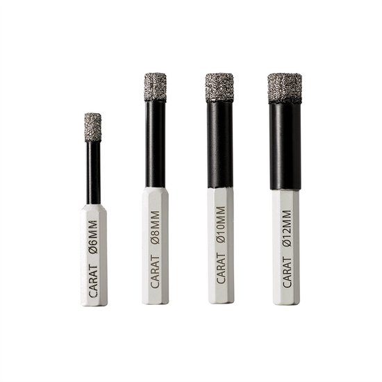 Set van vier droogboren van Carat, met diameters 6mm, 8mm, 10mm en 12mm.