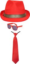 Carnaval verkleedset Men in red - hoed/zonnebril/party stropdas - rood - heren/dames - verkleedkleding accessoires