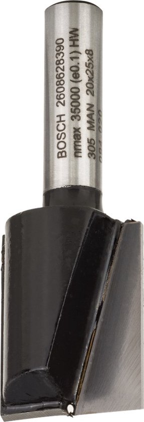 Bosch vingerfrees met metalen schacht en zwarte snijkop, maataanduidingen zichtbaar.