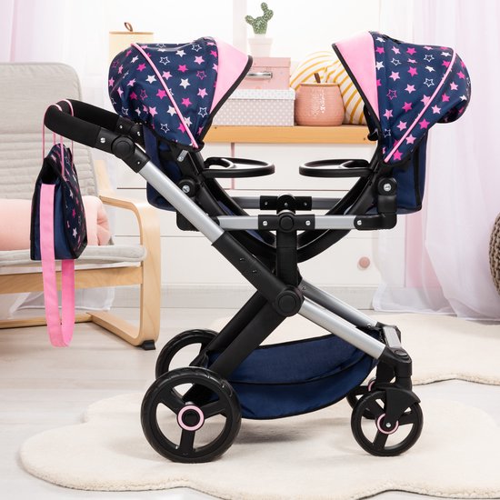 Poussette Double Pour Poupées Bayer Design – Réglable, Pliable, Avec Panier Et Sac