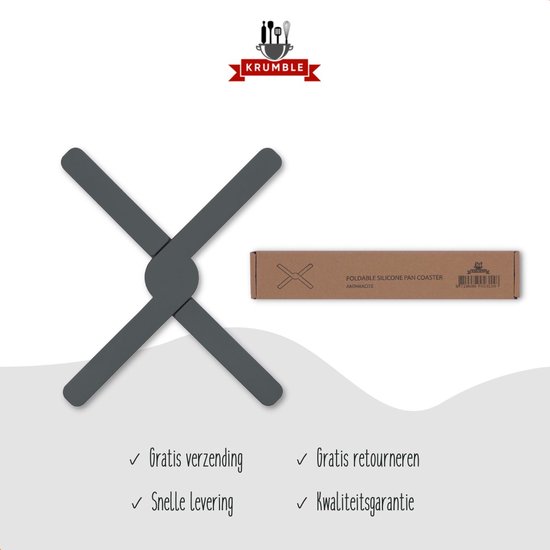 Een grote donkergrijze, opgevouwen siliconen pannenonderzetter naast een gesloten verpakking met de tekst 'Foldable Silicone Pan Coaster Anthracite'.