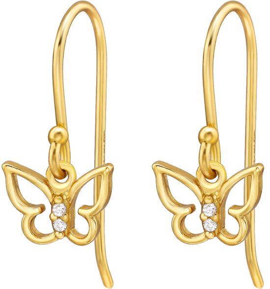 Joy|S - Zilveren vlinder bedel oorbellen - oorhangers - 14k goudplating - zirkonia