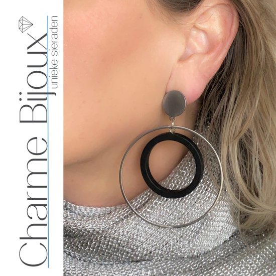 Clip oorbellen-Hout-Metaal-Zwart-Lange oorbellen-Zilverkleur-Geen gaatje-Charme Bijoux