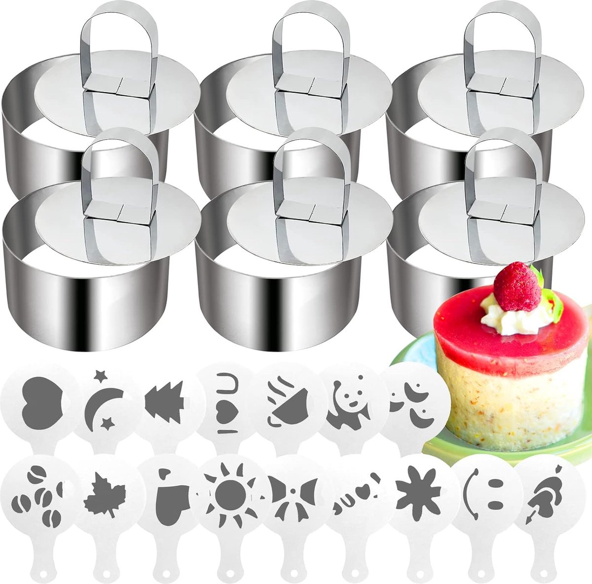 Set van 6 kleine taartringen, roestvrijstalen dessertringen, set met drukknop + 16 vormen koffiesjablonen, dessertringen, kleine dinerringen, set voor koken, bakken, mousse