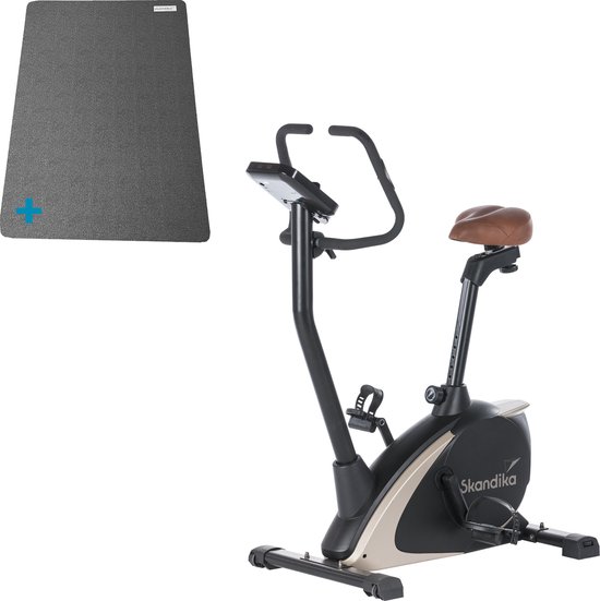 Foto: Skandika vinneren design hometrainer fiets set hometrainers ergometer 103l x 51b x 137h cm mat 60 x 120 cm magnetisch remsysteem 11kg vliegwielmassa 12 trainingsprogramma s tablet houder bluetooth app controle zwart goud