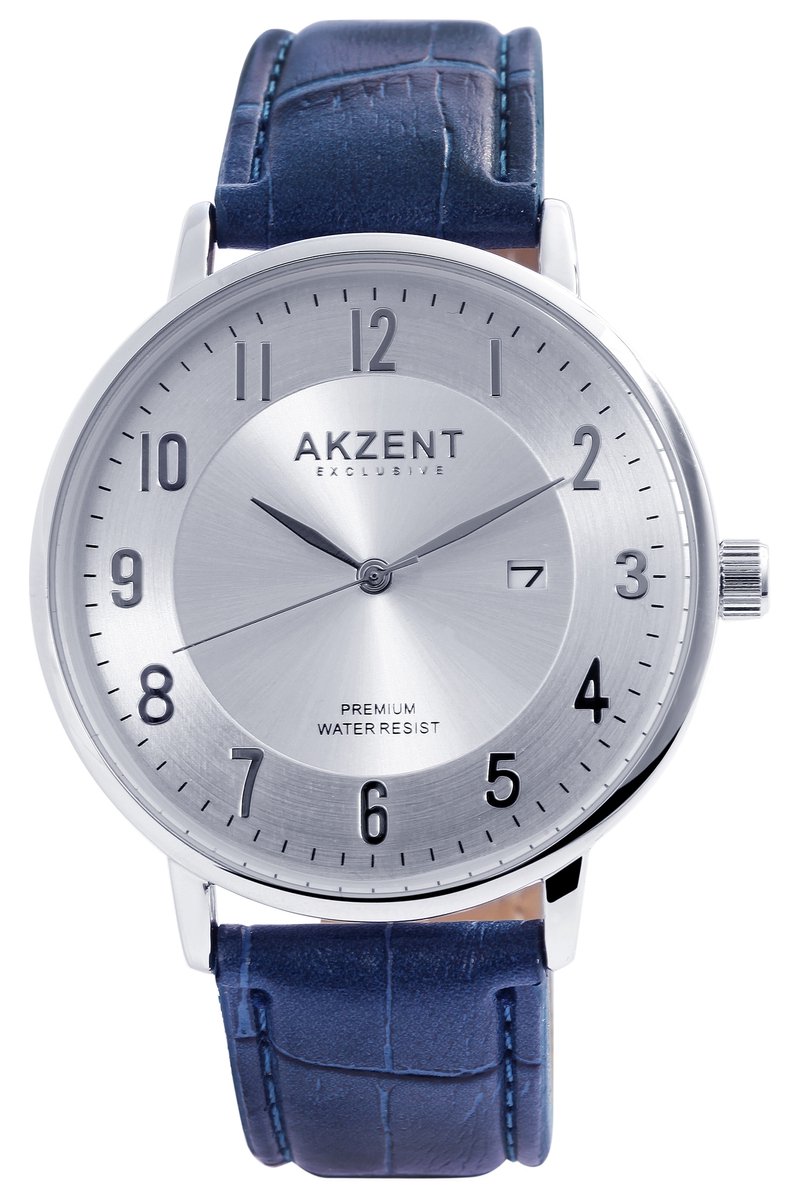 Akzent-Heren horloge-Datumaanduiding-Analoog-Rond-42MM-Zilverkleurig-Blauw lederen band.